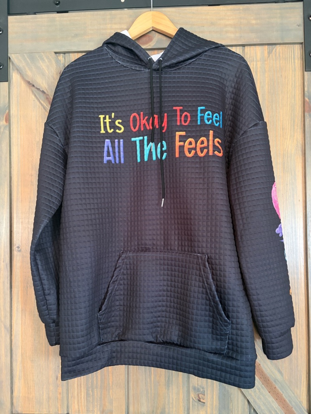 Black Hoodie with Rainbow "It's Okay To Feel All The Feels" Embroidery Size XL